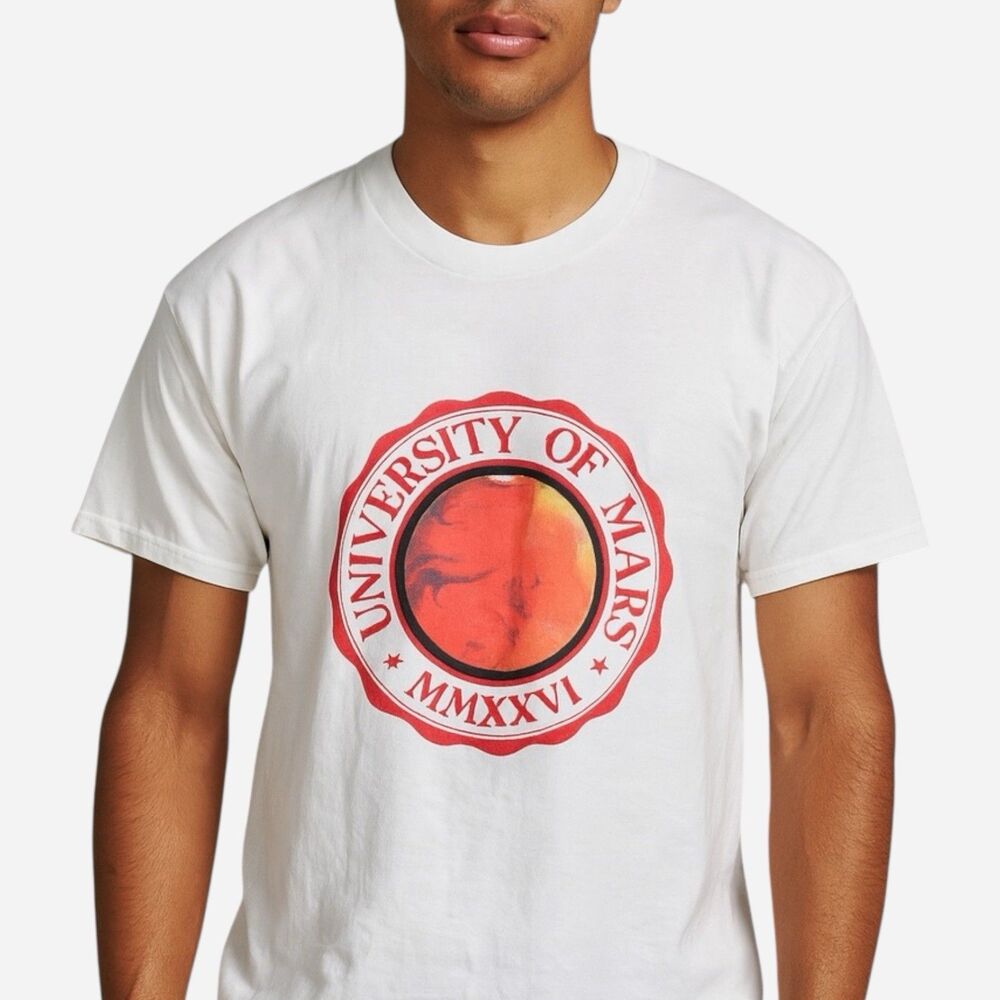 Hanes Beefy-T Mens Medium White Graphic Tee Made in USA Y2K Sci Fi‎ Space